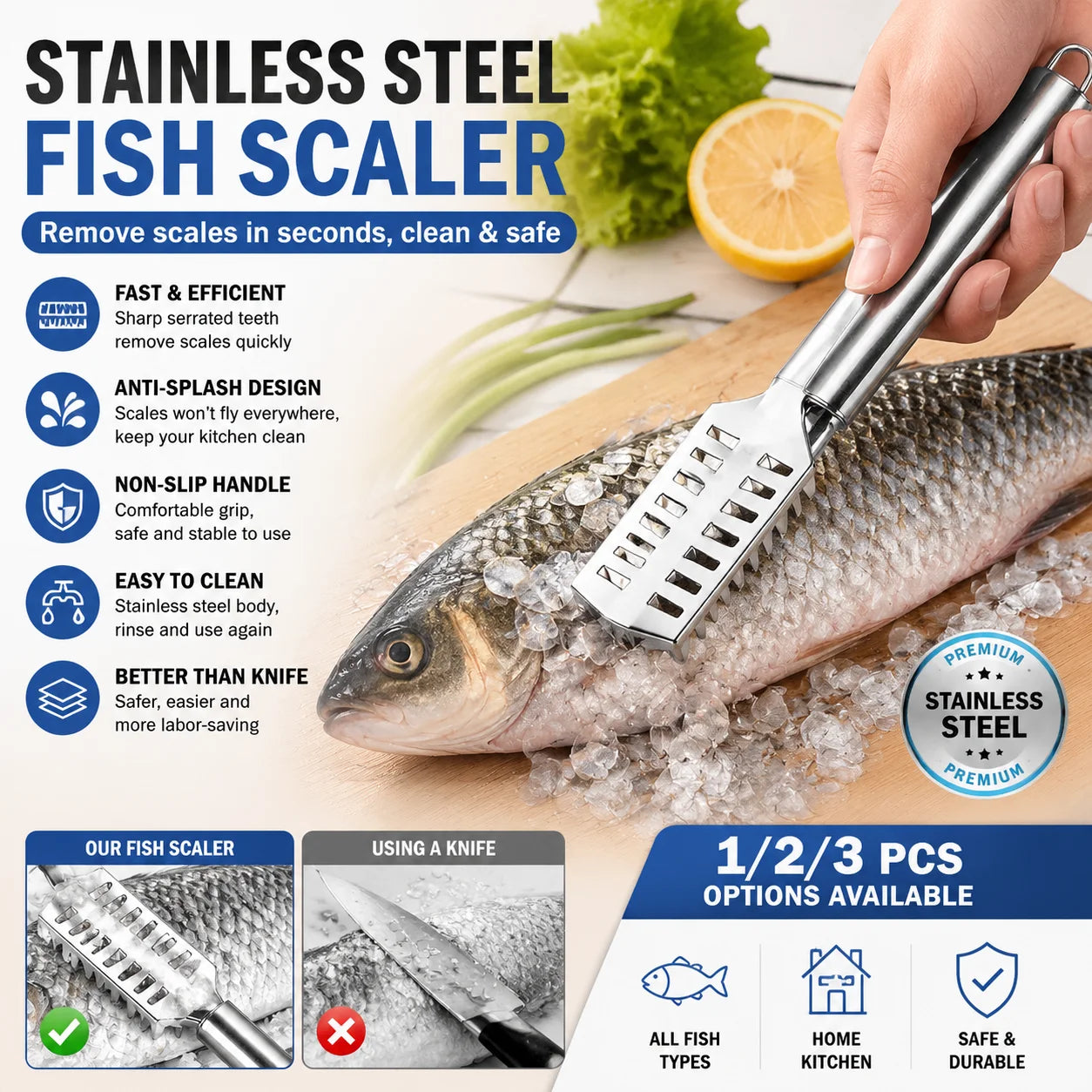 Stainless Steel Fish Scaler Remover Tool, Anti Splash Fish Scale Scraper with Non Slip Handle, Easy Cleaning Kitchen Gadget.