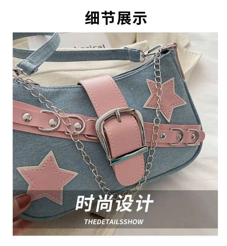 Y2k Hot Girls Denim Shoulder Bags Retro Rivet Star Women's Underarm Bag Portable Female Chain Armpit Bag Small Purse Handbags
