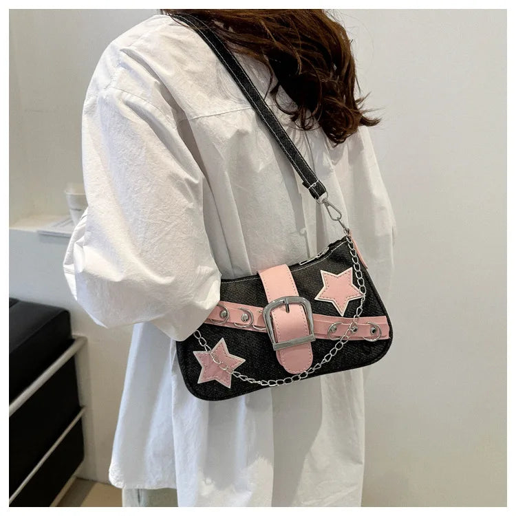Y2k Hot Girls Denim Shoulder Bags Retro Rivet Star Women's Underarm Bag Portable Female Chain Armpit Bag Small Purse Handbags
