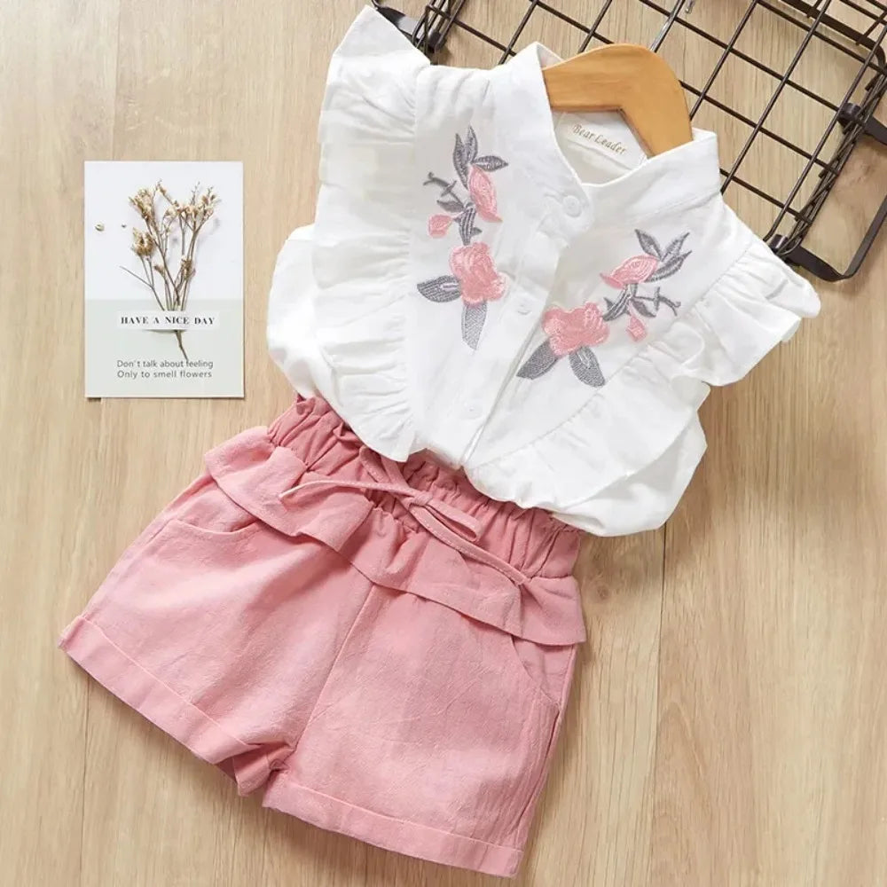 Bear Leader Girls' Clothing Set 2025 Summer New Casual Children's Embroidered Sleeveless Shirt+Shorts Set Girls' Baby Clothing