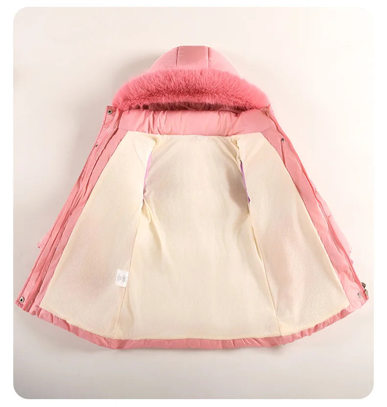 2025 Winter New Girls Jacket Long Solid Color Lining Berber Fleece Thick Warm Hooded Parka For 4-10Y Girls Bow Fashion Snowsuit