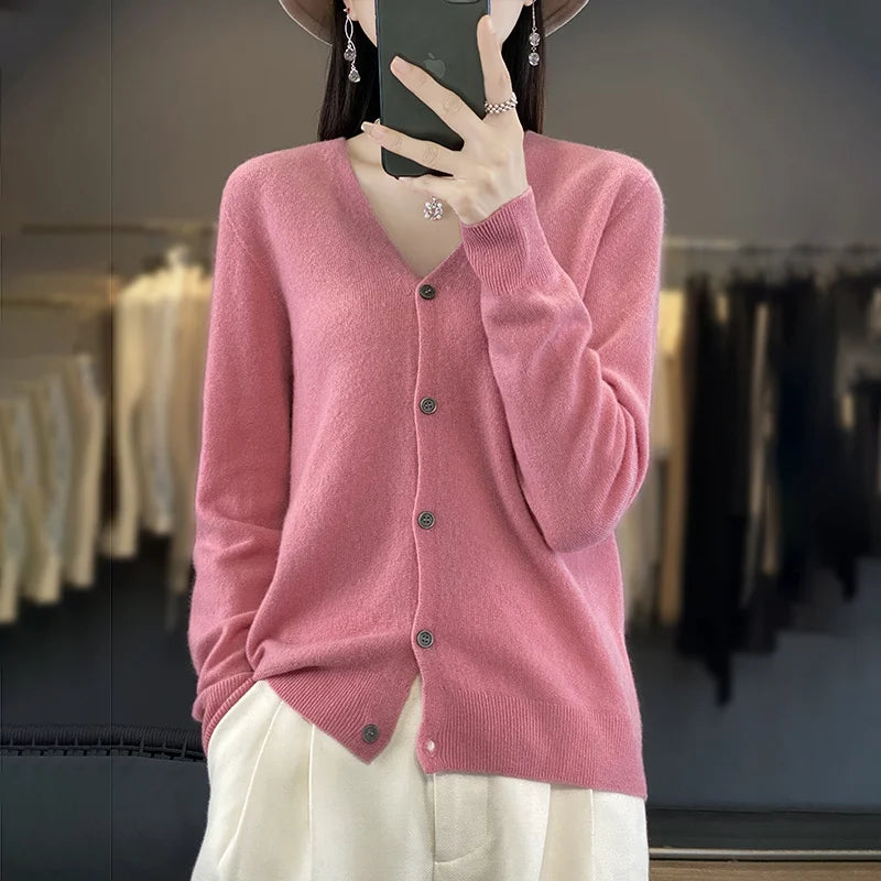 New Fashion Spring Autumn 100% Merino Wool Women's V-neck Cardigan Cashmere Sweater 2024 Female Knitwear Clothing Korean Tops