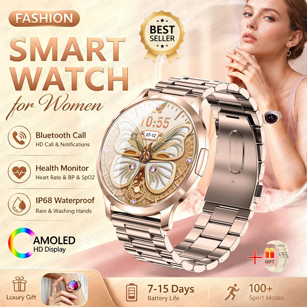 2026New Smart Watch 1.32”AMOLED Ultra-thin Display 100+Sports modes Blood Pressure Waterproof Bluetooth call Bracelet Women Gift