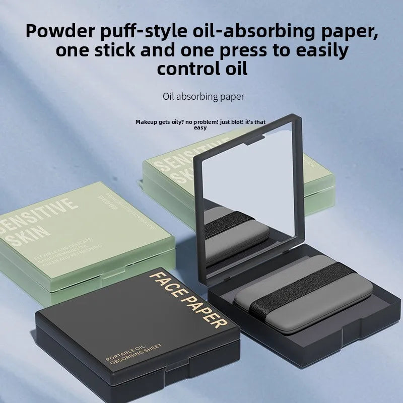 Oil Blotting Paper with Powder Puff and Mirror Portable Case Oil Control Face Sheets No Makeup Removal Matte Finish