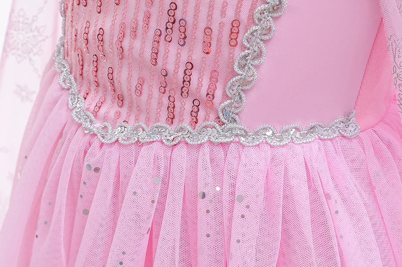 Girls pink sequined mesh princess dress, mesh short sleeves, with cape, suitable for party, dance, performance, carnival dress