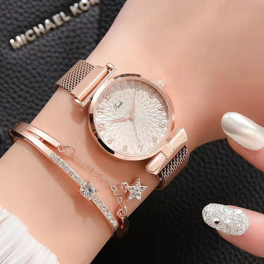 Fashion Women Watches Luxury Leather Buckle Flower Rhinestone Watch Ladies Quartz Wrist Watch Bracelet Set Reloj Mujer