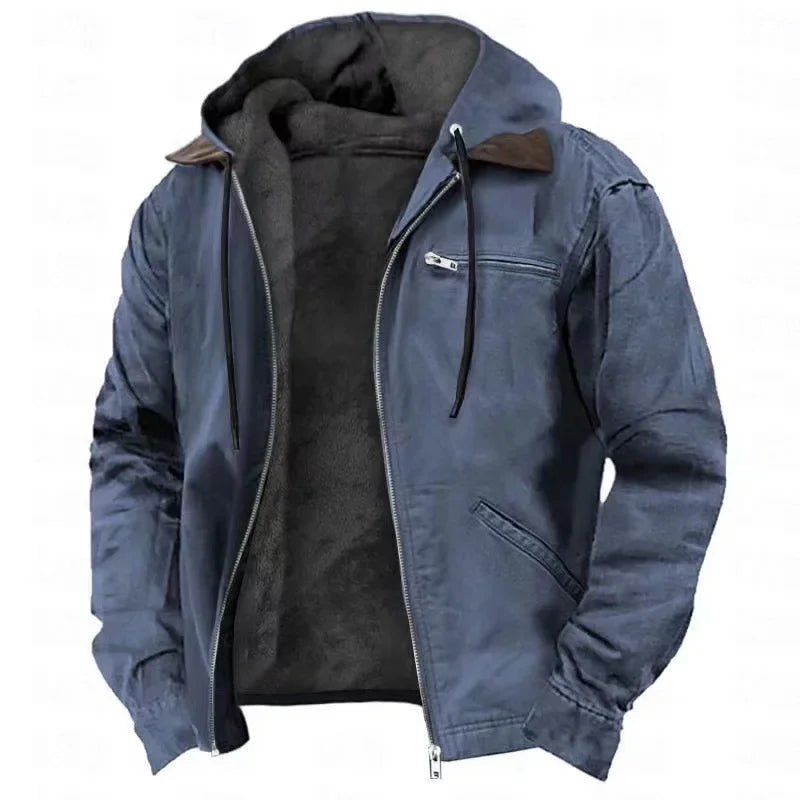 Men's Casual Jackets Hooded Zipper Pocket Fashion Solid Color Fleece Warm Outerwear Male Outdoor Hooded Hoodie Coats Winter 2025