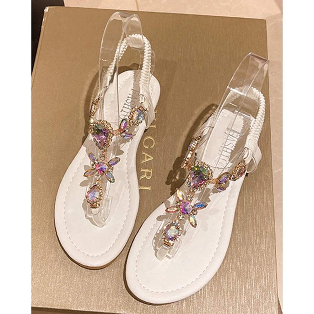 Women Bling Gem Stone Toe Post Sandals Outdoor Flats Shoes Summer Back Elastic Strap Going Out Beach White Sandals