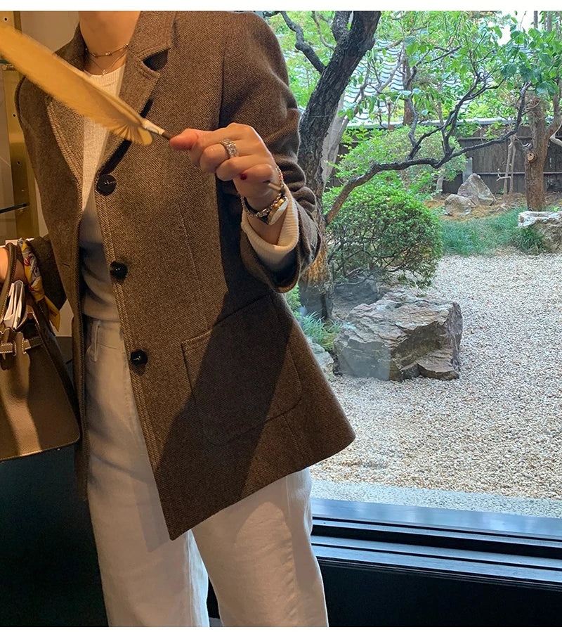 50 Wool Women Notched Collar Blazer Jacket Coat Fall Winter Thick Warm Overcoat Pocket Fashion Slim Waist Buttons Coat 2024 New