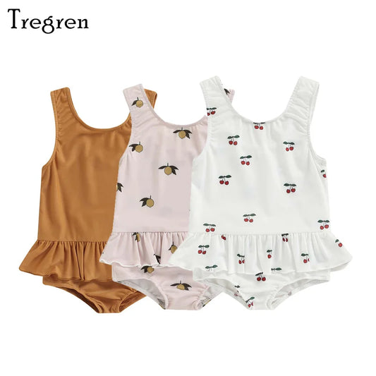 Tregren 6M-3Y Toddler Infant Baby Girl Swimwear Cute Lemon Cherry Sun Print Swimsuit Summer Beach Pool Hot Spring Bathing Suit