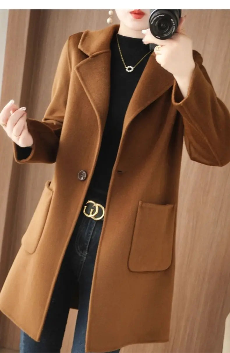 100% Pure Wool Double-Sided Cashmere Jacket Women Overcoat  Autumn Winter New Mid-Length One-Button Slim Wool Windbreakers coat