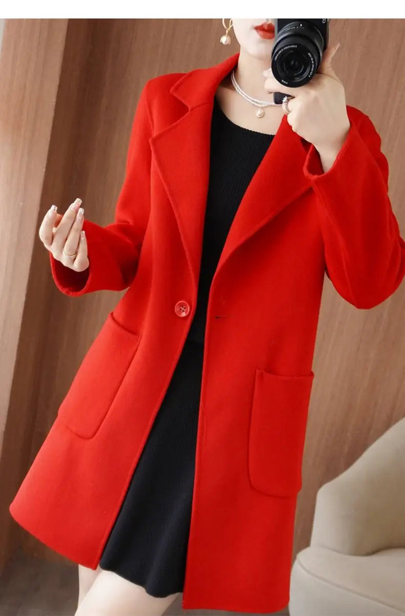 100% Pure Wool Double-Sided Cashmere Jacket Women Overcoat  Autumn Winter New Mid-Length One-Button Slim Wool Windbreakers coat