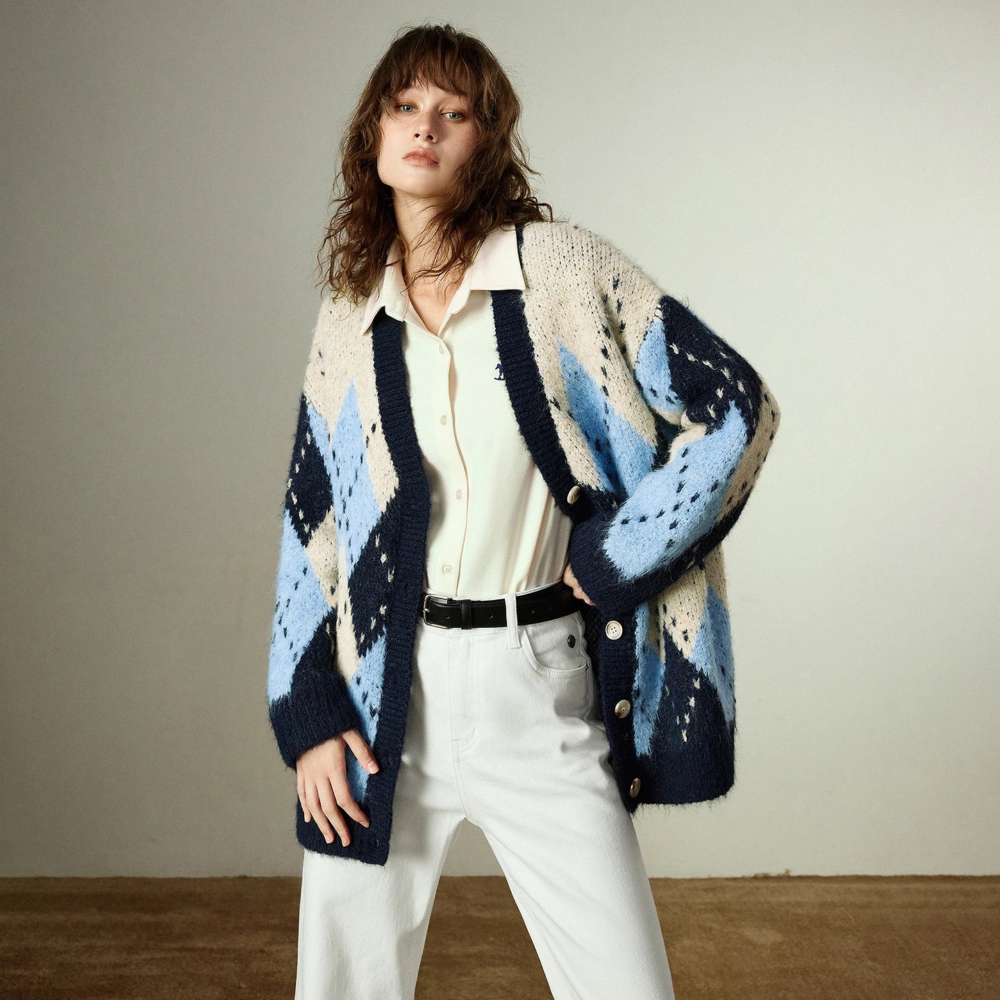 TOYOUTH Women Sweater Coats 2025 Winter New Retro Nordic Colorblock Argyle V-Neck Loose Wool-Blend Outerwear