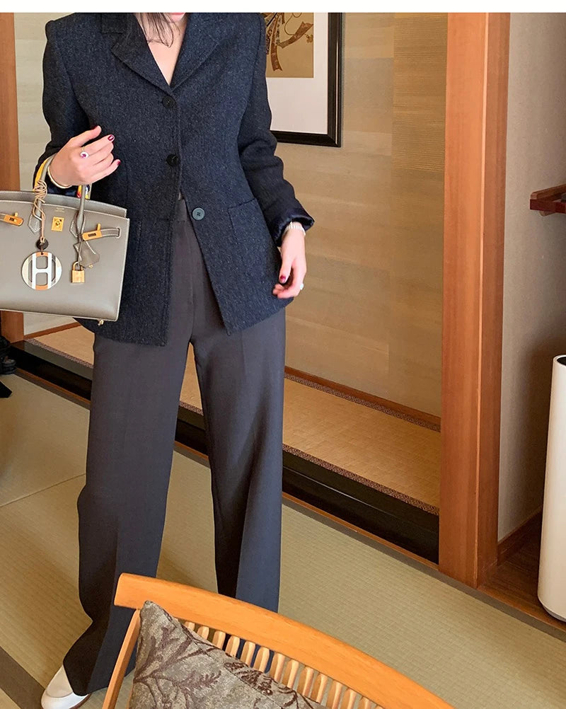 50 Wool Women Notched Collar Blazer Jacket Coat Fall Winter Thick Warm Overcoat Pocket Fashion Slim Waist Buttons Coat 2024 New