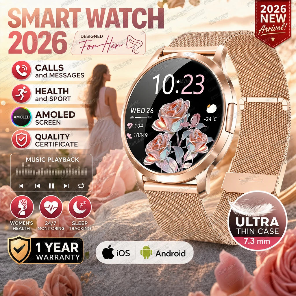 2026New Smart Watch For Women 466*466 AMOLED Display Fitness Monitor Bracelet Ladies' Gift BT Call Digital Clock For Android IOS