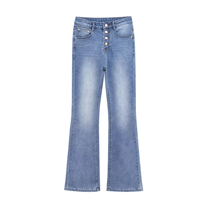 Women's Jeans Basic All-Match Slimming Denim Pants Fashion Metal Button High Waist Flared Pant High End Sense Casual Trousers