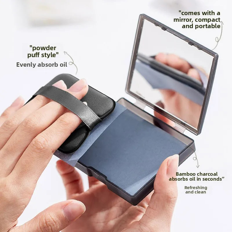 Oil Blotting Paper with Powder Puff and Mirror Portable Case Oil Control Face Sheets No Makeup Removal Matte Finish