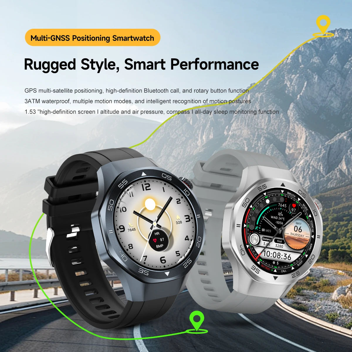 Men's Smart Watch 1.53" AMOLED Display Sapphire Glass GPS Bluetooth Call 3ATM Waterproof Health Monitor 520mAh Smartwatch