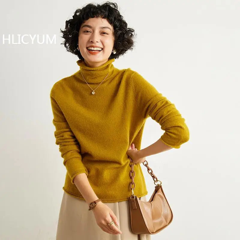 Women's 100% Cashmere Sweater Casual Solid Color Knitted Pullover Loose High Neck Jumper Autumn/Winter Warm Blouse Tops