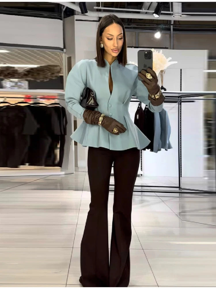 Elegant Pleated Waist Cinched Women's Jacket  Chic V Neck Single Breasted Lace Up Coat 2026 Lady Casual Slim Commute Outerwear