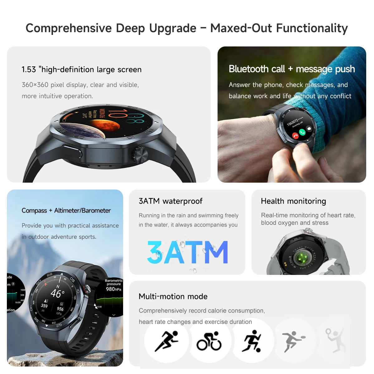 Men's Smart Watch 1.53" AMOLED Display Sapphire Glass GPS Bluetooth Call 3ATM Waterproof Health Monitor 520mAh Smartwatch