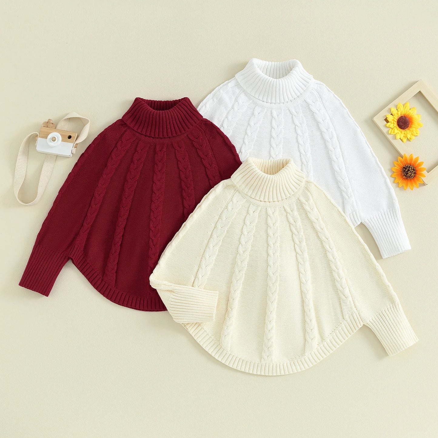 Suéter para niñas, Poncho informal de Color sólido, cuello alto, jersey de manga larga de punto cálido, prendas de punto infantiles para niños pequeños