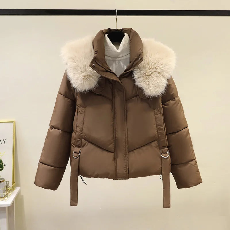 Winter Cotton Jacket for Women 2025 New Style Big Fur Collar Short Cotton Jacket