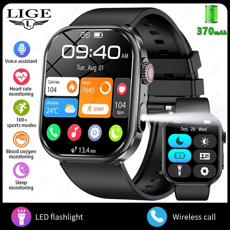 LIGE Women Smart Watch 2.01" IP68 Waterproof Outdoor Sports Tracker LED Flashlight Bluetooth Call Men Smartwatch For Android iOS