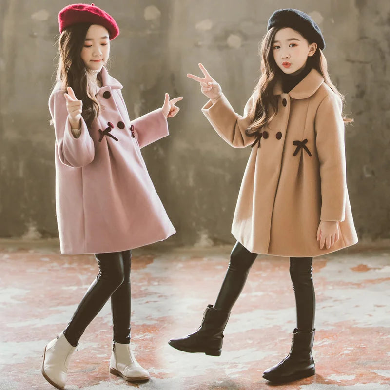 New Warm Outerwear Fashion Winter Girls Woolen Coats Kids Windproof Clothing Woolen Solid Colour Jackets Teens Long Coats