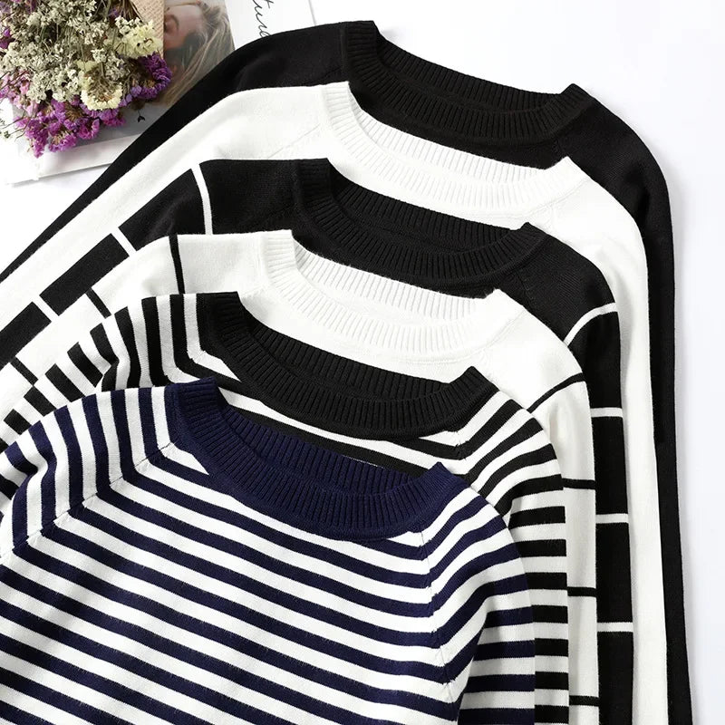 2025 New Long Sleeve Striped Pullover Women Sweater Knitted Sweaters O-Neck Tops Korean Pull Jumper Female Tailor-made T-Shirts