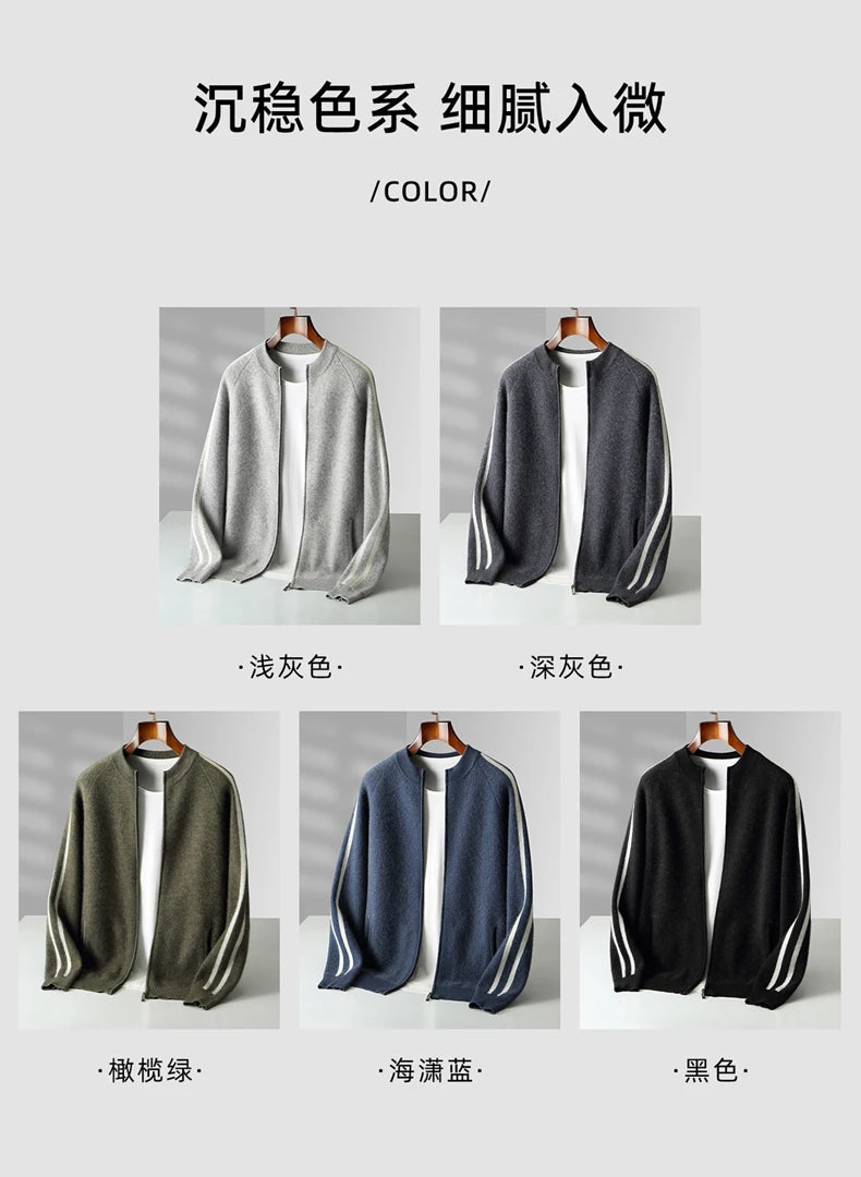 Winter Cashmere Sweater Men's Round Neck Knitted Jacket Contrast Striped Zipper Cardigan Youth Wool Thick Sweater