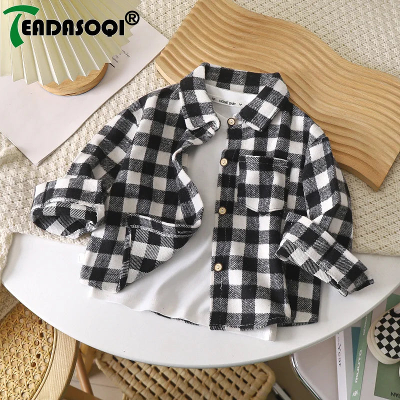 2-9Y Kids Boys Girls Spring Fall Vintage Plaid Shirt Cotton Clothing Long Sleeve Lapel Single Breasted Cardigan Base T-shirt