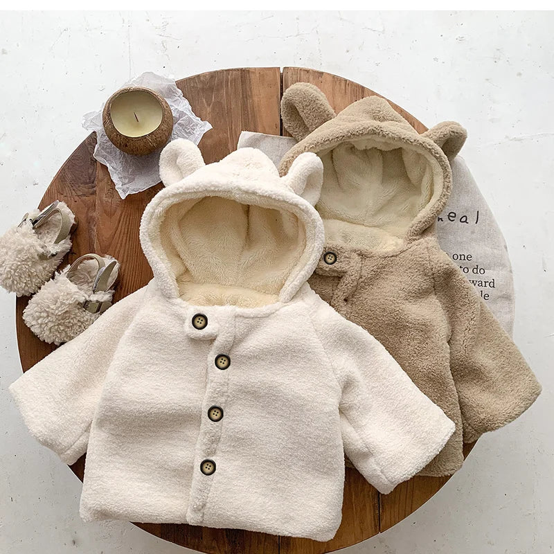 Winter Style Newborn Baby Girls Boys Solid Color Hooded Plush Cardigan Coat Toddler Baby Girl Boys Thicken Warm Jacket