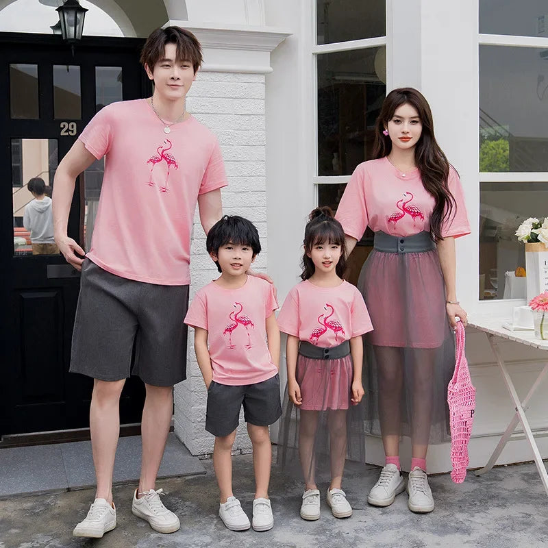 Fashion Couple Clothing Mom Duaghter Girl Long Tee Shirts Tulle Skirt Two Piece Sets Dad Son Outfit Family Pink Clothes