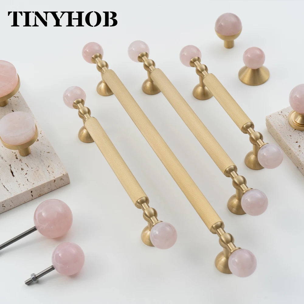 Pink Rose Quartz + Brass Cabinet Pulls,Natural Crystal Ball Knobs for Kitchen Cupboard Dresser Wardrobe, Gold Furniture Hardware