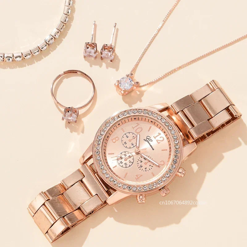 New 6PCS Set Rose Gold Luxury Watch Women Ring Necklace Earring Rhinestone Fashion Wristwatch Casual Ladies Bracelet Watches