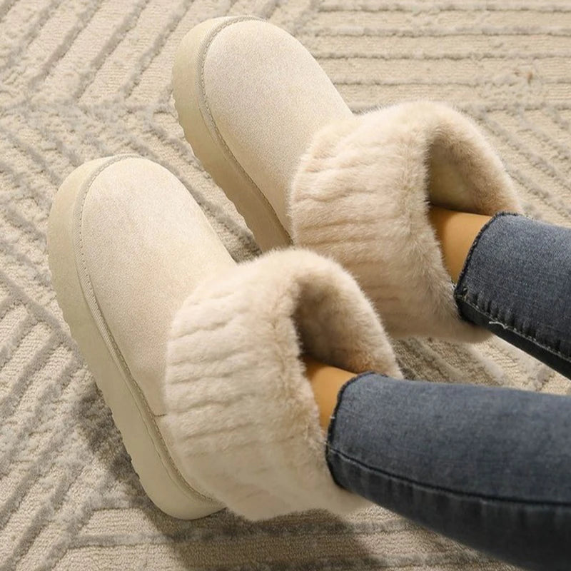 Shoes for Women Winter Slip on Women's Boots Black Round Toe Solid Flock Plush Warm Mid Heel Water Proof Casual Snow Boots Women