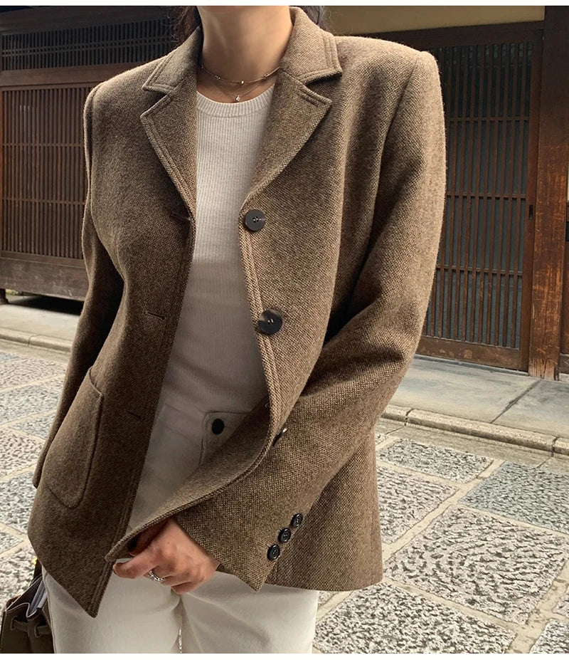 50 Wool Women Notched Collar Blazer Jacket Coat Fall Winter Thick Warm Overcoat Pocket Fashion Slim Waist Buttons Coat 2024 New