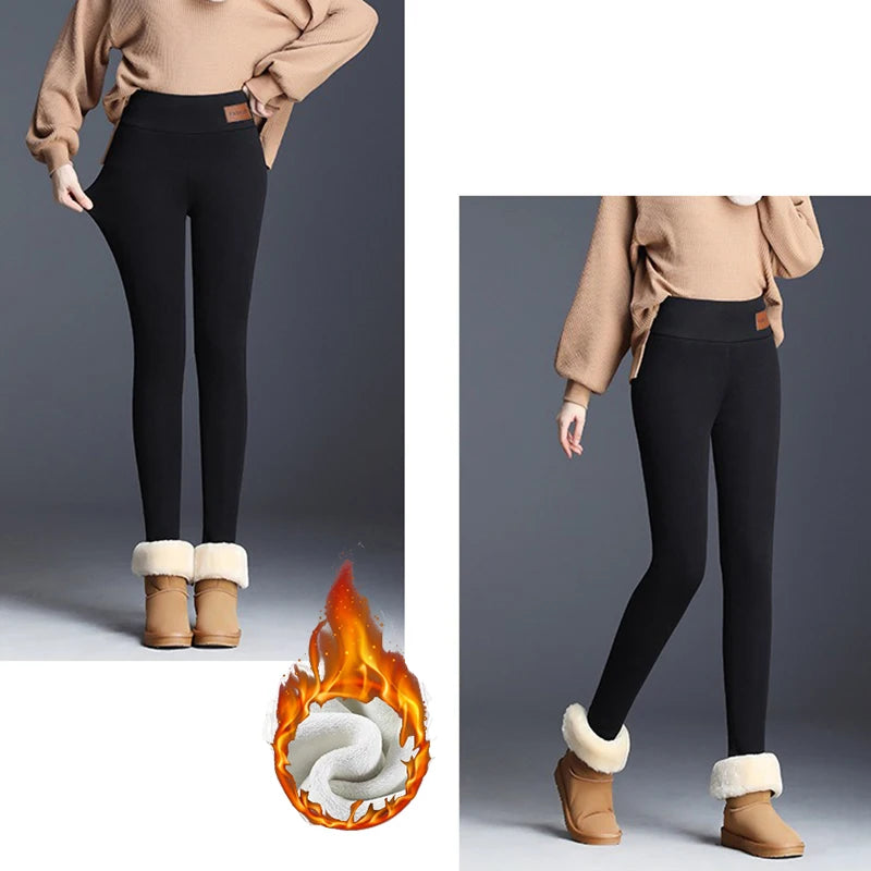 Winter Women Skinny Fleece Thermal Leggings Girls Snow Warm High Waist Plush Trousers Lady Classic Daily Thin Pants