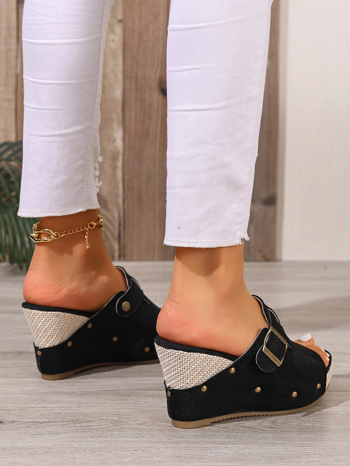 Summer Women's Espadrille Wedge Mules Black White Adjustable Buckle Open Toe Platform Sandals Rivet Decor Casual Slip-On Shoes