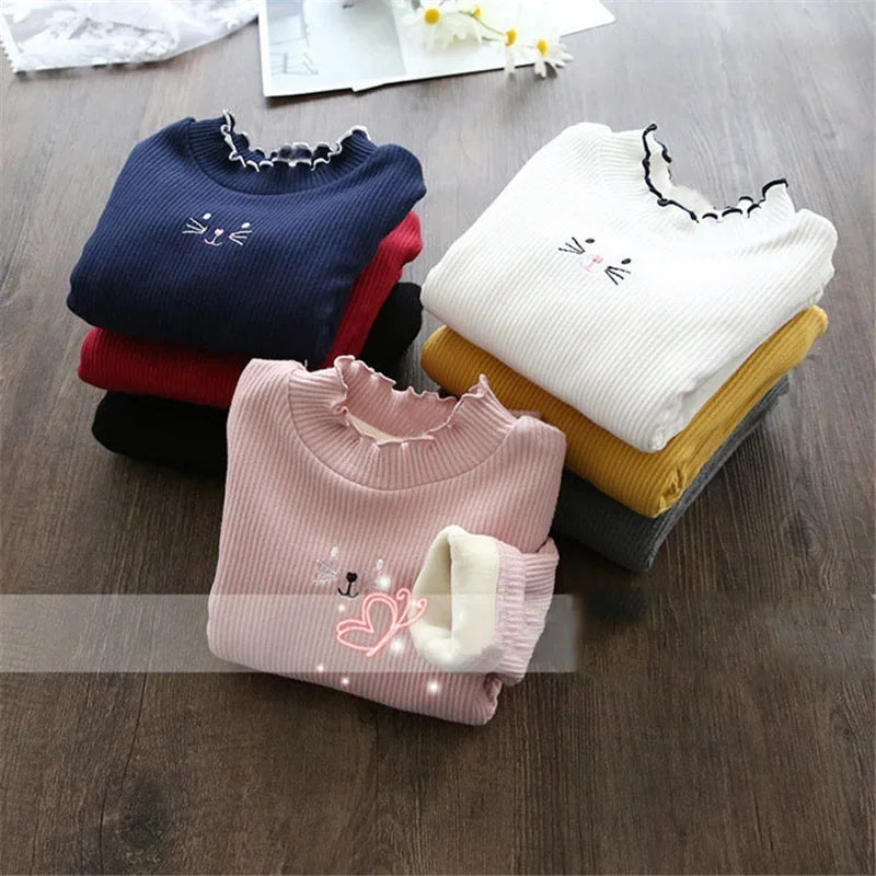 Girls Velvet Bottoming Shirt Winter Hickening Warm Longsleeve T-shirt Children's Baby  Sweater with Fleece Drop Shipping