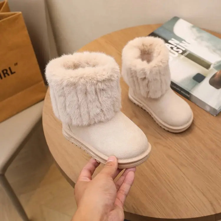 2025 Winter Classic Children Furry Snow Boots Beige Outdoor Girls Fashion Ankle Cotton Boots Warm Soft Kids Causal Ankle Boots