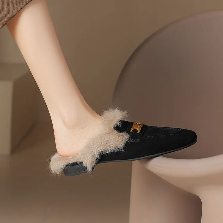 2023 Winter Sheep Suede Women Shoes Rabbit Hair Mules Shoes for Women Round Toe Low Heel Slippers Chunky Heel Cover Toe Slippers