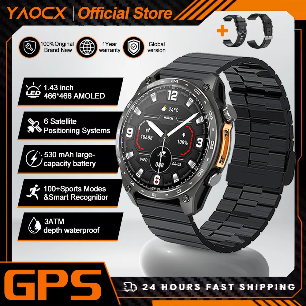 2026 New Smart Watch for Men with Built in GPS Maps 100+ Sport Modes 3ATM Waterproof BT Call MP3 MP4 Playback Altitude Compass