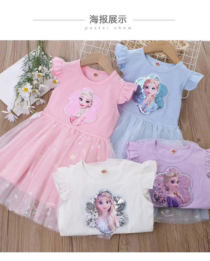 New Girls Dress Summer Children Disney Frozen Elsa Princess Girl clothes Short Sleeve Ball Gown Carnival Party Dresses Ariel