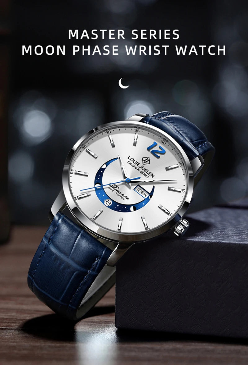 BELUSHI New Waterproof Men Watches Luxury Moon Phase Dial Luminous Male Clocks Date Week Leather Quartz Sport Watch For Man