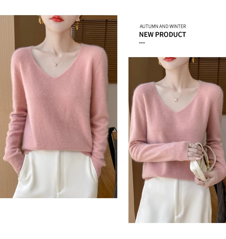 Fashion Pullover 100% Merino Wool Women Sweater V-Neck Long Sleeve Basic Jumper Spring Autumn Winter Clothing Knitwear Tops
