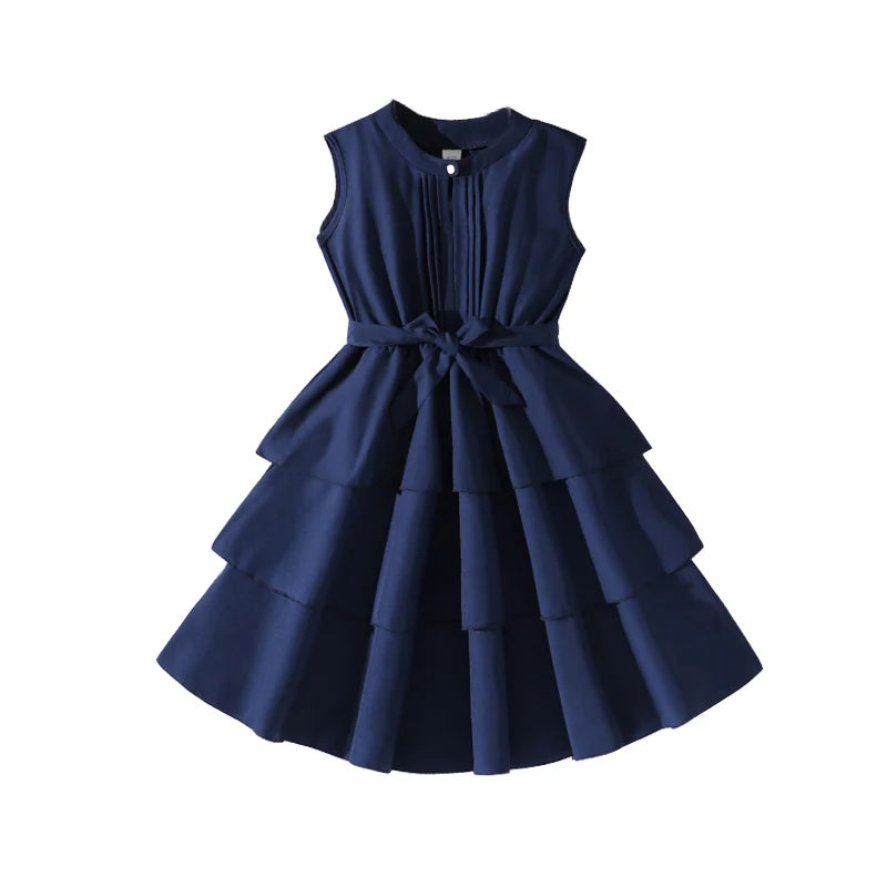Girls 8-12 Fashion Dress, Solid Color Stand Collar Button A-Line Tiered Dress, Chic and Stylish for Daily Outings