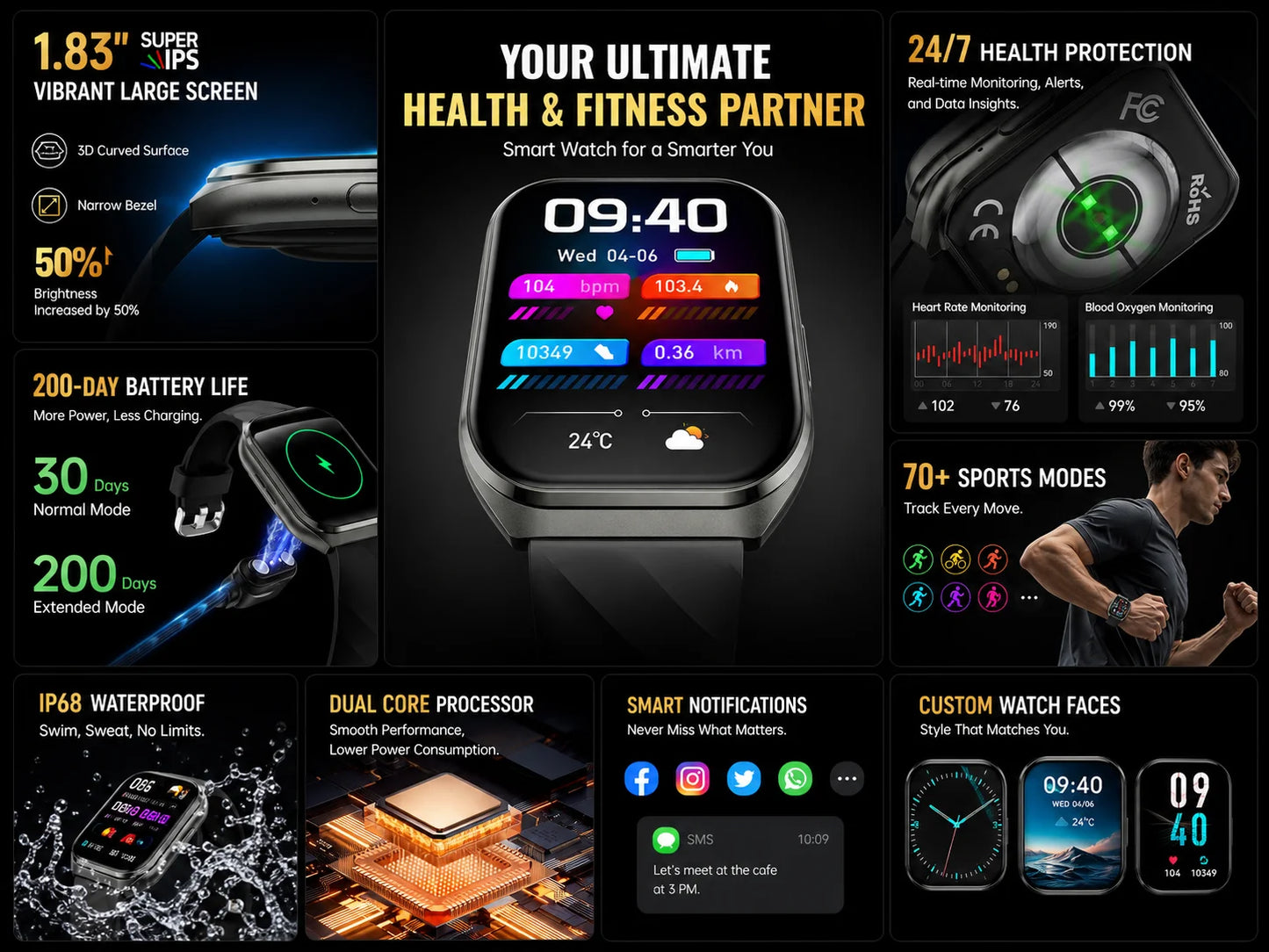 Smart Watch 1.83" IPS HD 3D Curved Screen 1000mAh Bluetooth Call IP68 Outdoor Sports Fitness Watch Men Women