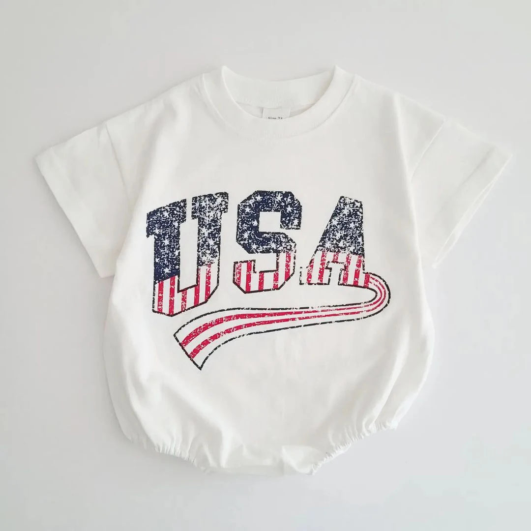 Baby Boys USA Print T-Shirt Romper Newborn Bebe Short Sleeve Sweatshirt Onesie Toddler Girls Romper 0-24M Jumpsuits Summer